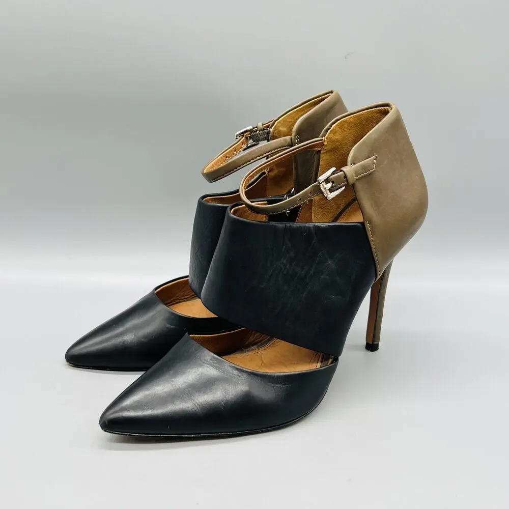 Coach Shoes Womens 6 Black Taupe Leather D'Orsay Ankle Strap Stiletto Heels